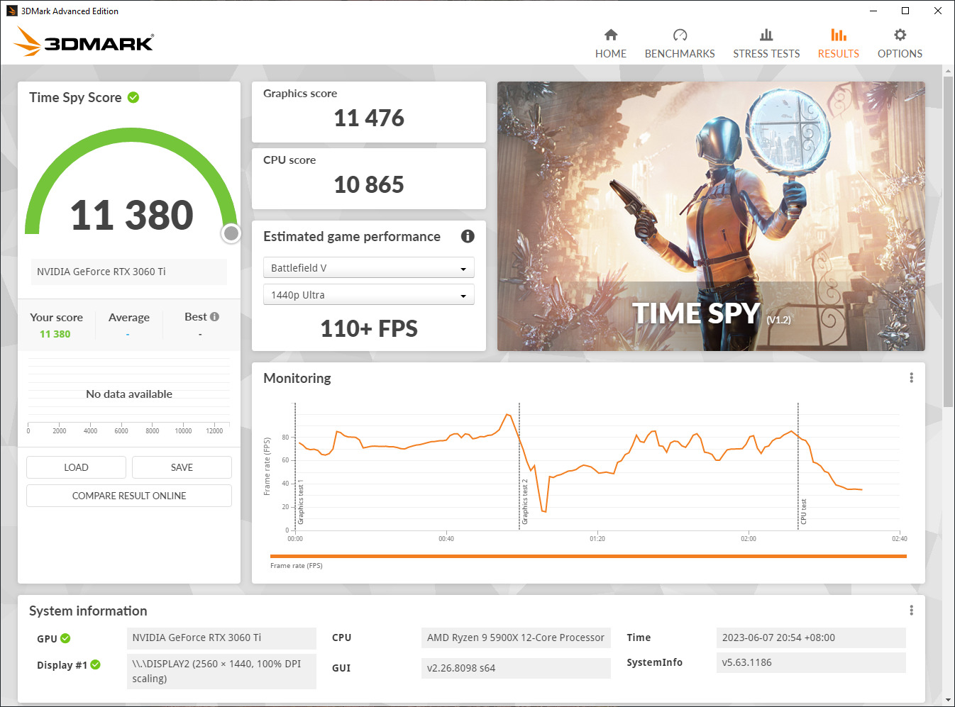 VFIO下的3DMark跑分，可見與實機表現十分接近